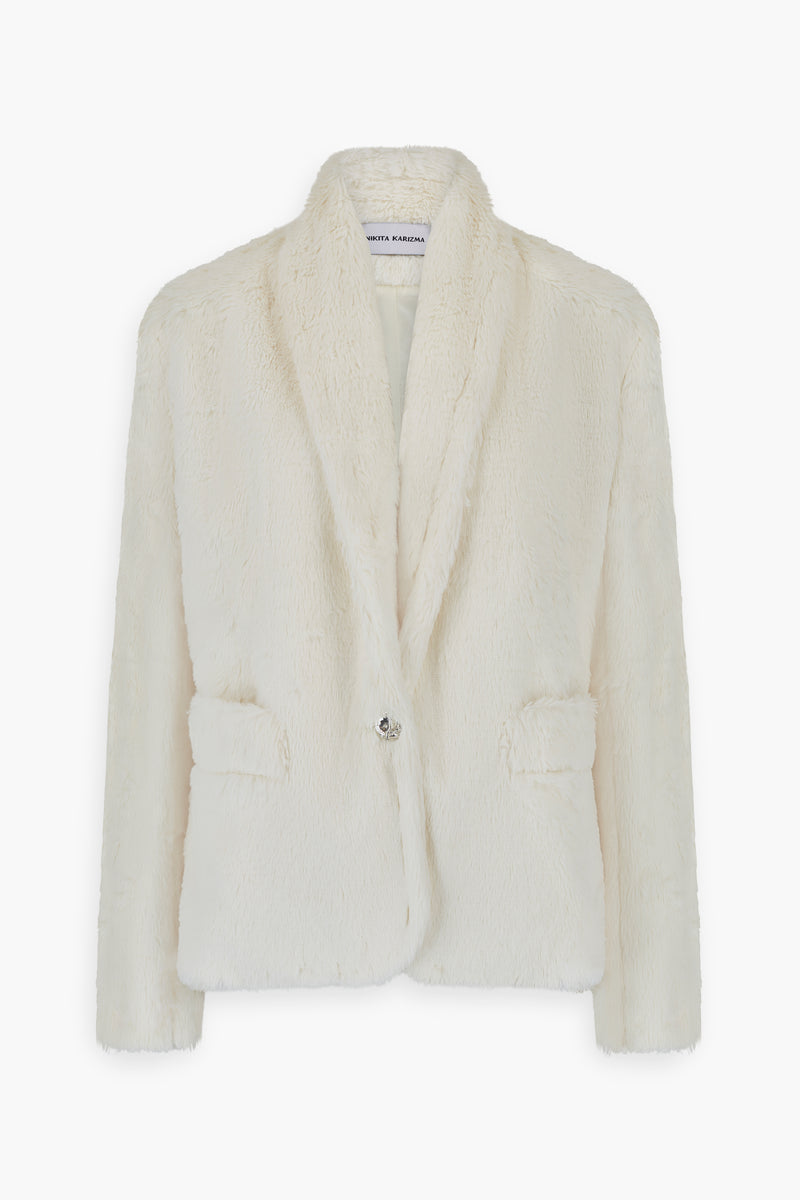 Faux Fur Oversized Tailored Blazer in White