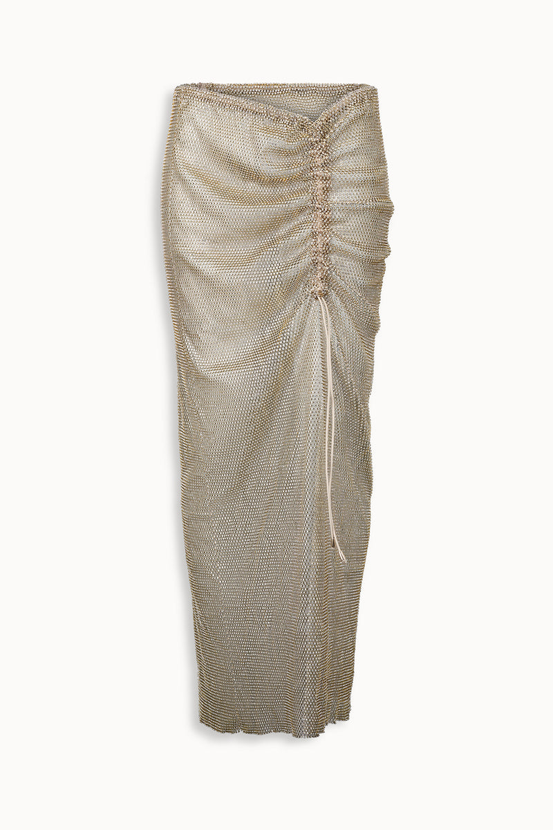 Crystal Embellished Fishnet Maxi Skirt in Gold