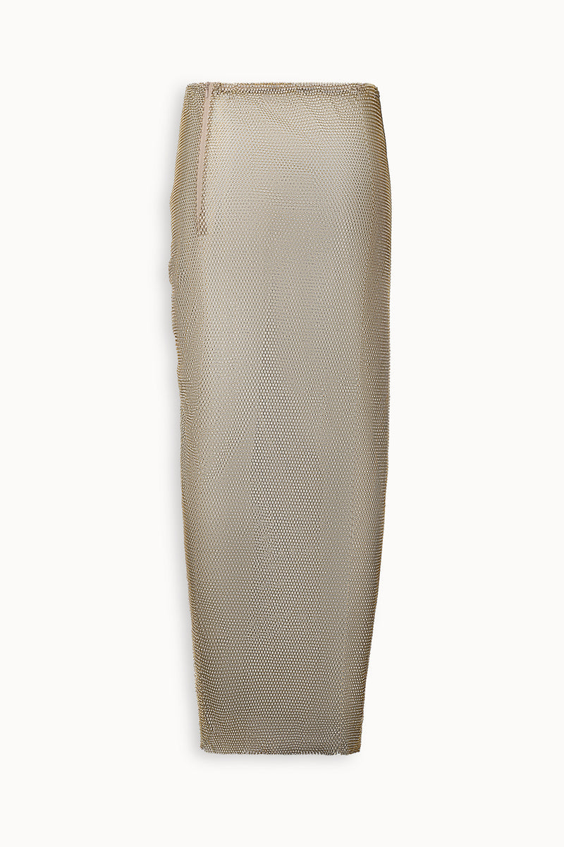 Crystal Embellished Fishnet Maxi Skirt in Gold