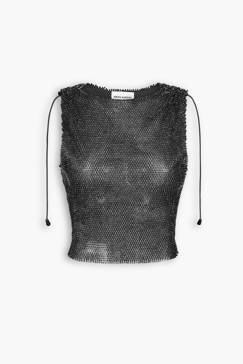 Crystal Embellished Fishnet Tank Top in Black