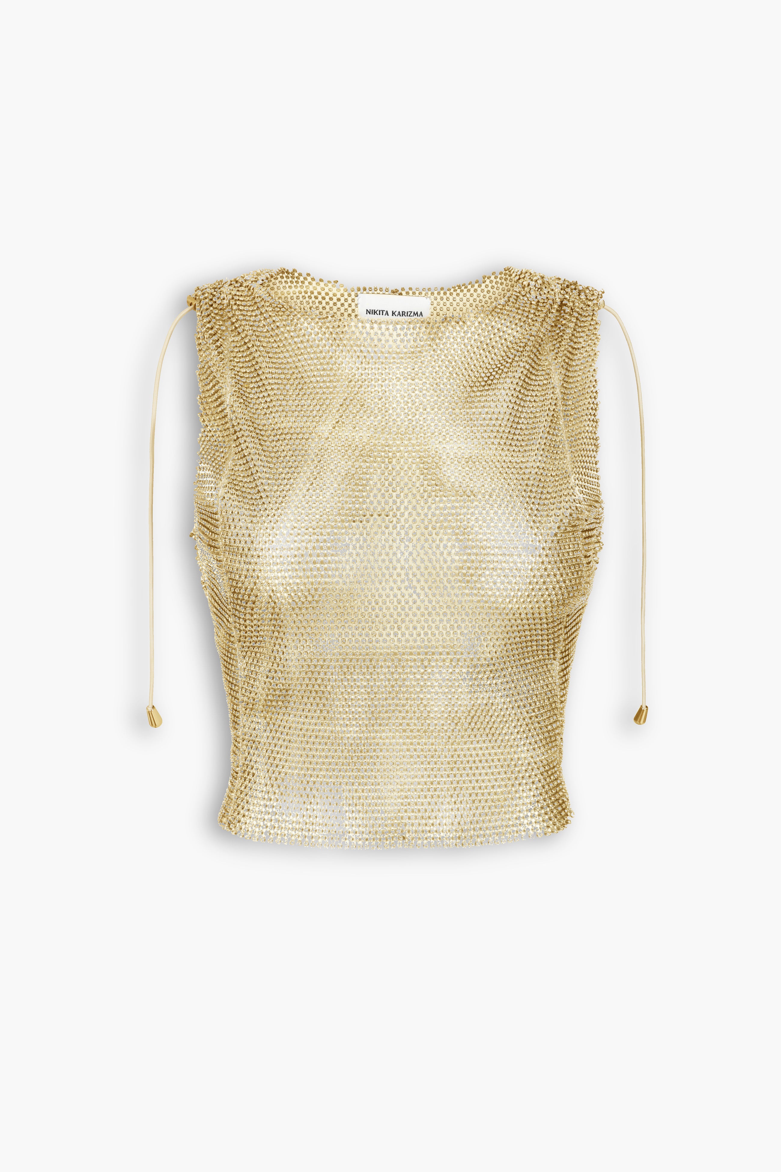 Crystal Embellished Fishnet Tank Top in Gold