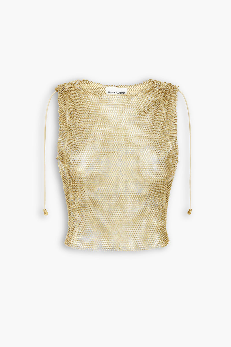Crystal Embellished Fishnet Tank Top in Gold
