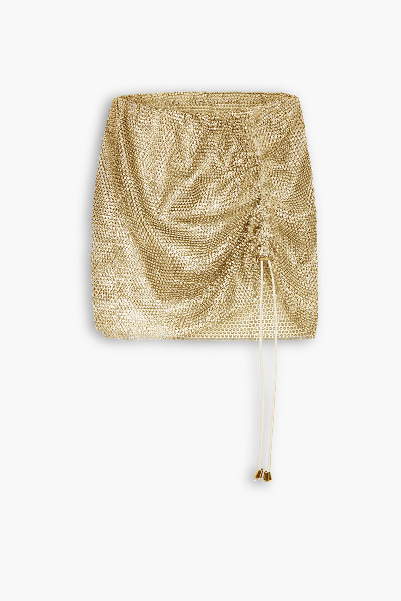 Crystal Embellished Fishnet Mini Skirt in Gold