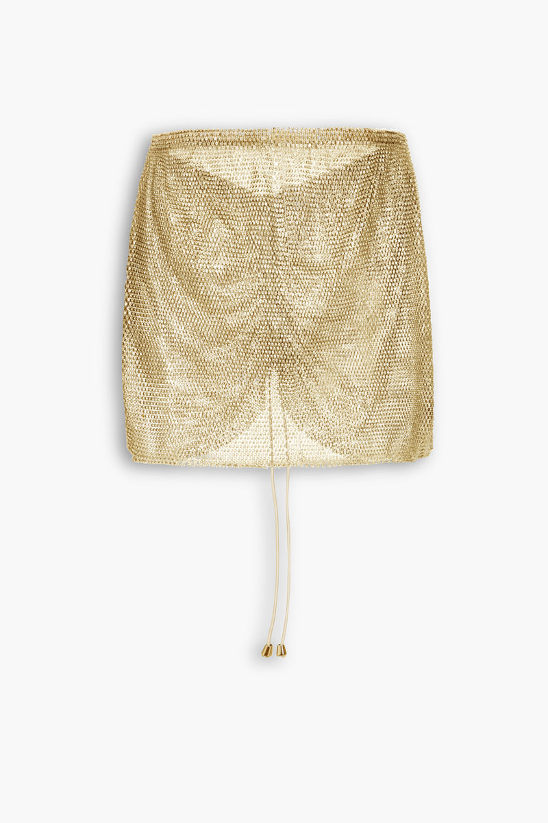 Crystal Embellished Fishnet Mini Skirt in Gold