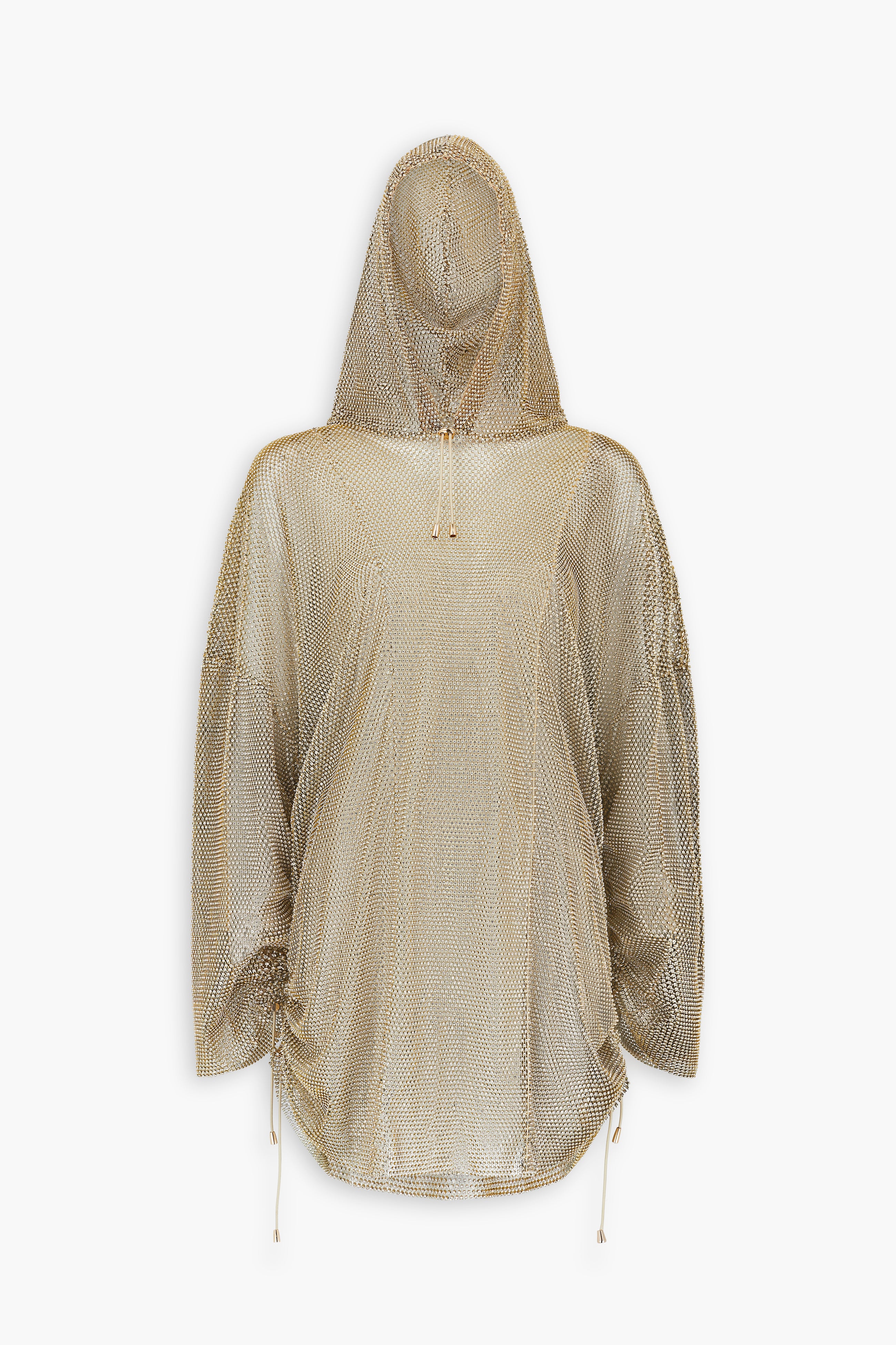 Crystal Embellished Fishnet Hoodie Dress in Gold