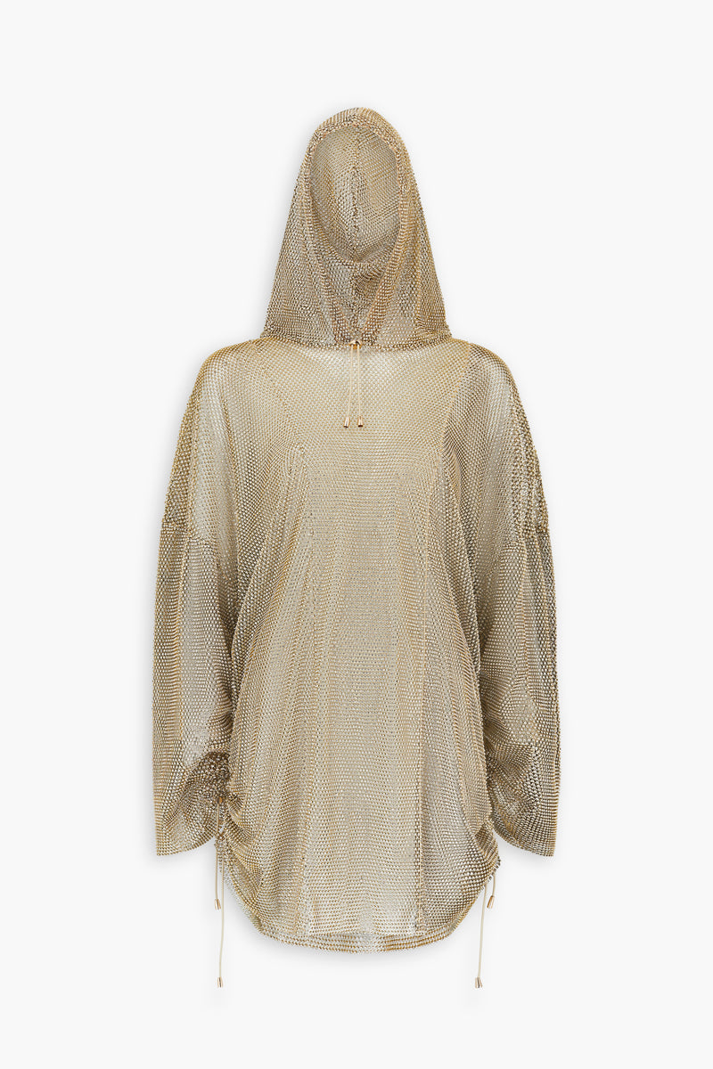 Crystal Embellished Fishnet Hoodie Dress in Gold