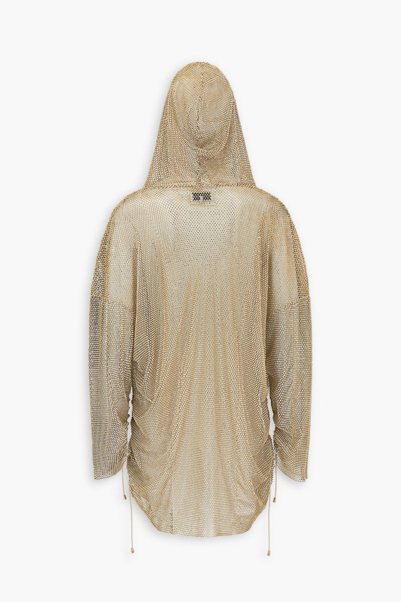 Crystal Embellished Fishnet Hoodie Dress in Gold