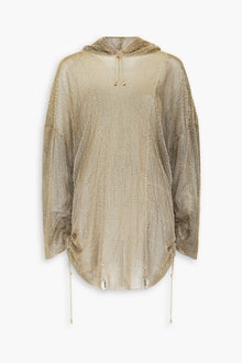 Crystal Embellished Fishnet Hoodie Dress in Gold