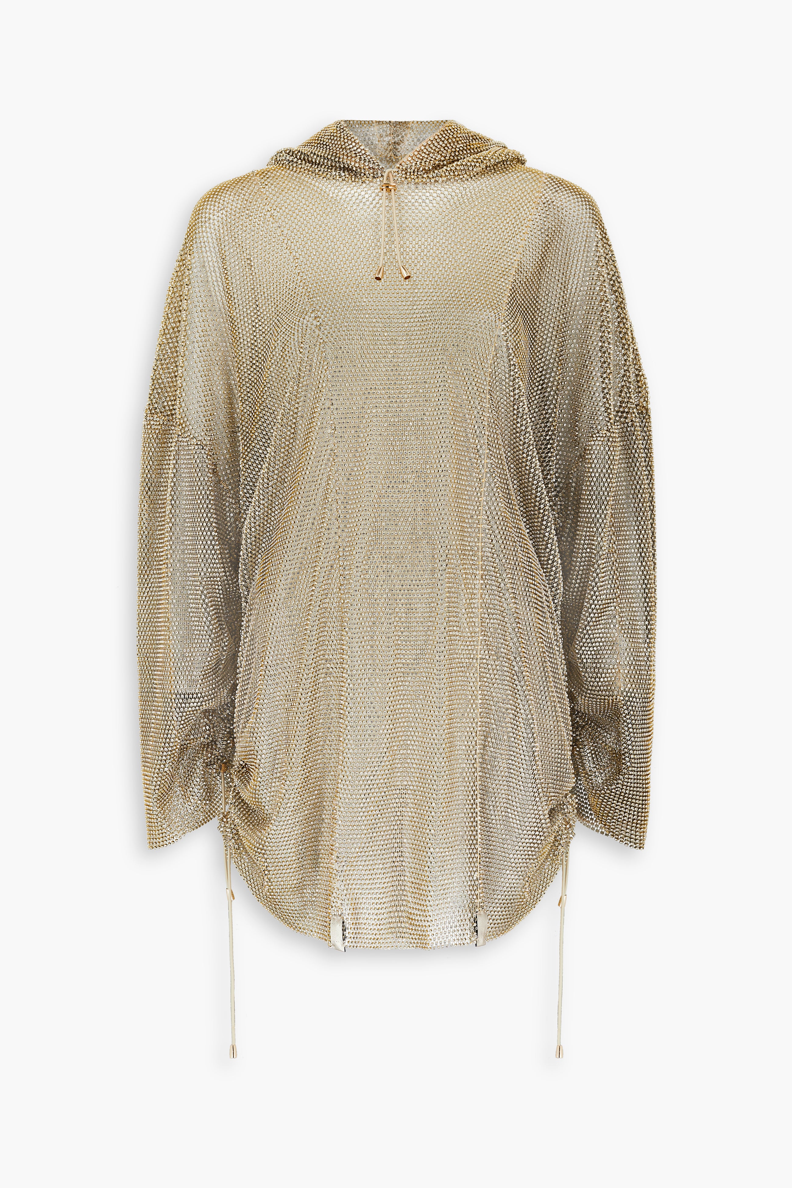 Crystal Embellished Fishnet Hoodie Dress in Gold