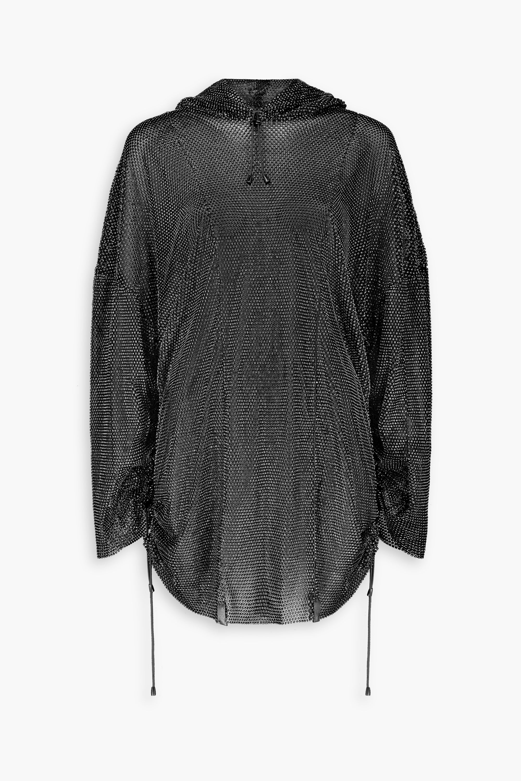 Crystal Embellished Fishnet Hoodie Dress in Black