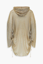 Crystal Embellished Fishnet Hoodie Dress in Gold