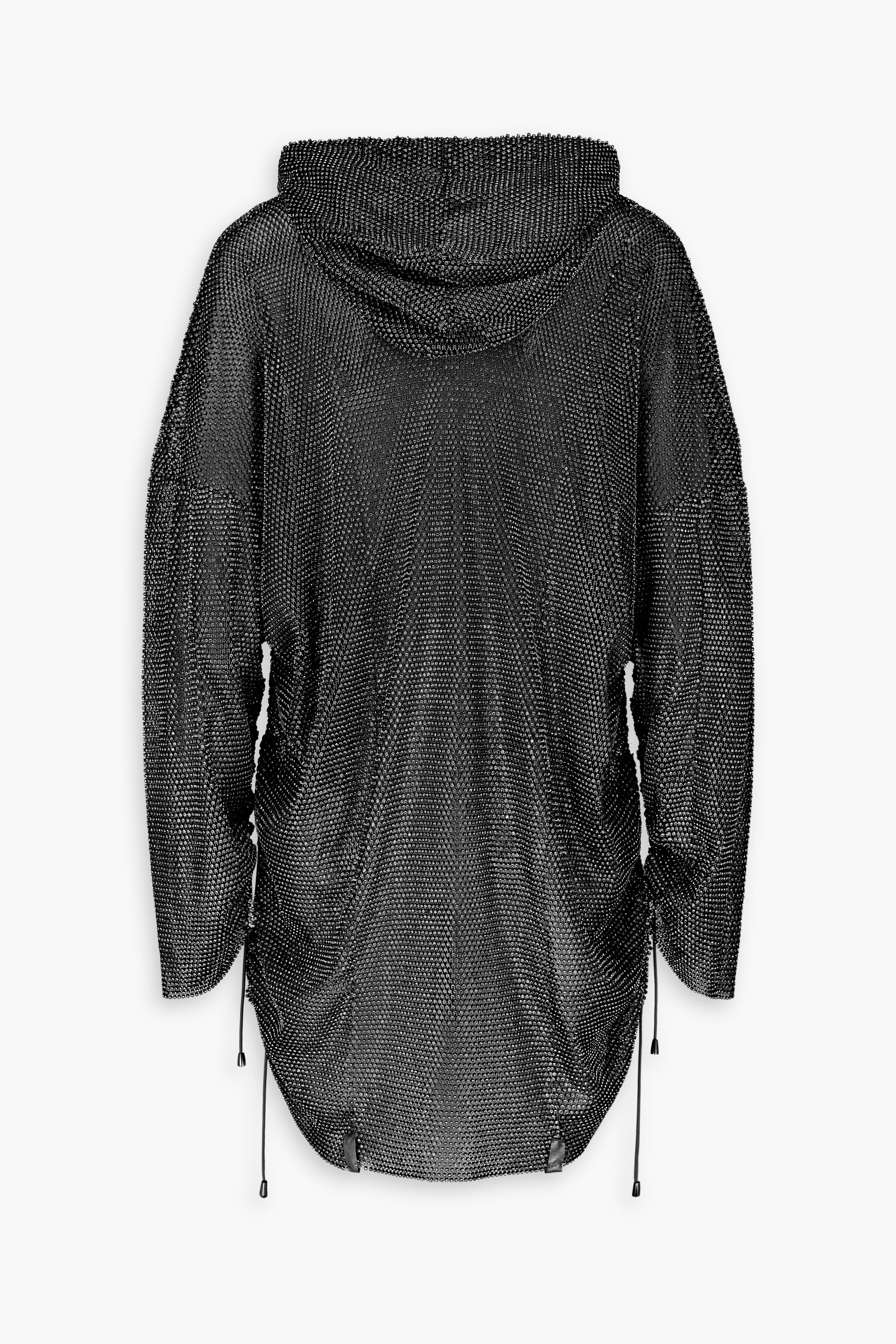 Crystal Embellished Fishnet Hoodie Dress in Black