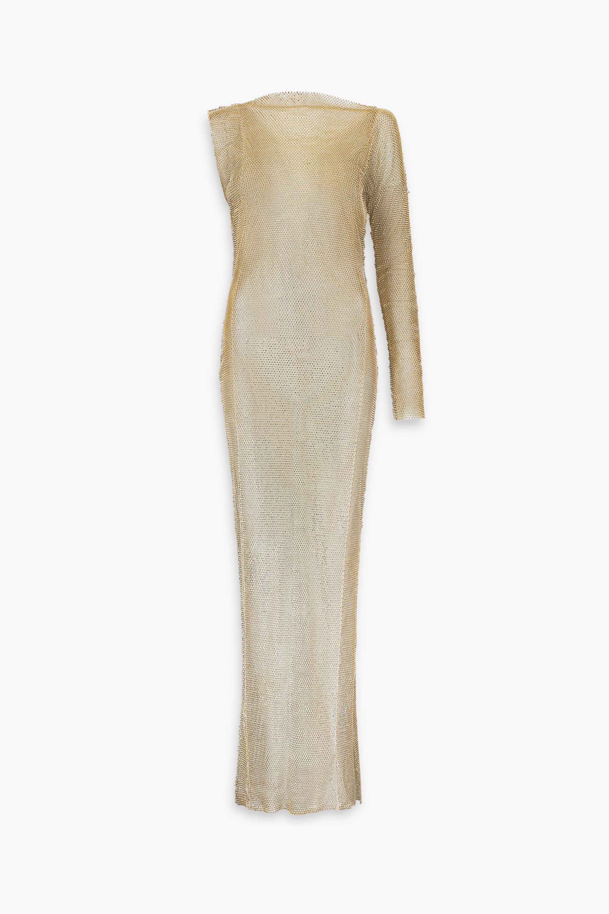 Crystal Embellished Fishnet Asymmetrical Dress in Gold