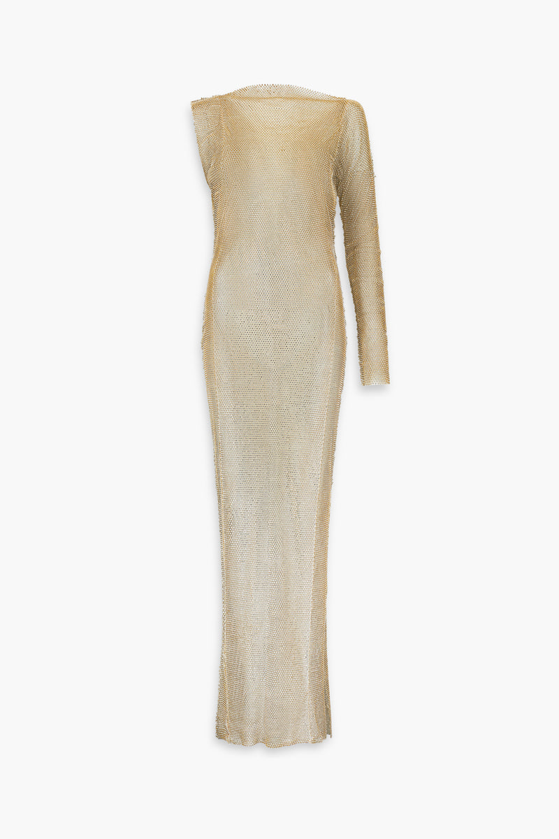 Crystal Embellished Fishnet Asymmetrical Dress in Gold