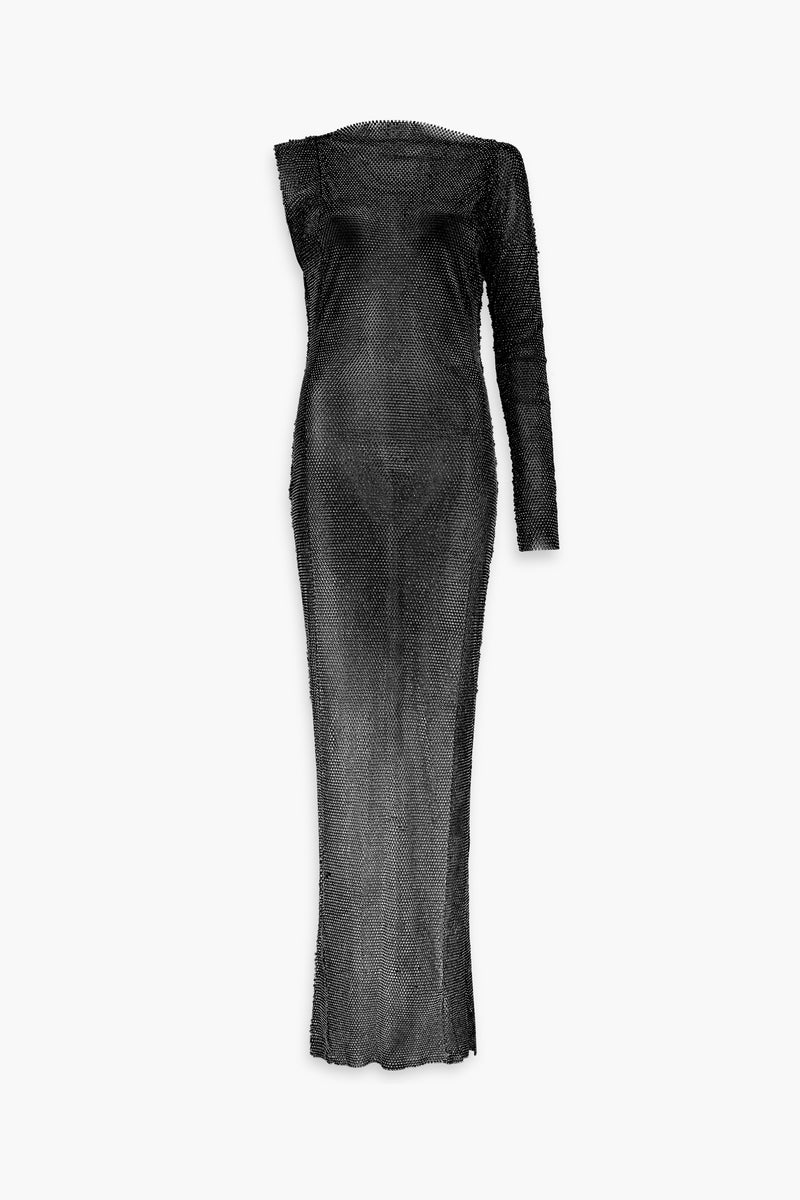 Crystal Embellished Fishnet Asymmetrical Dress in Black