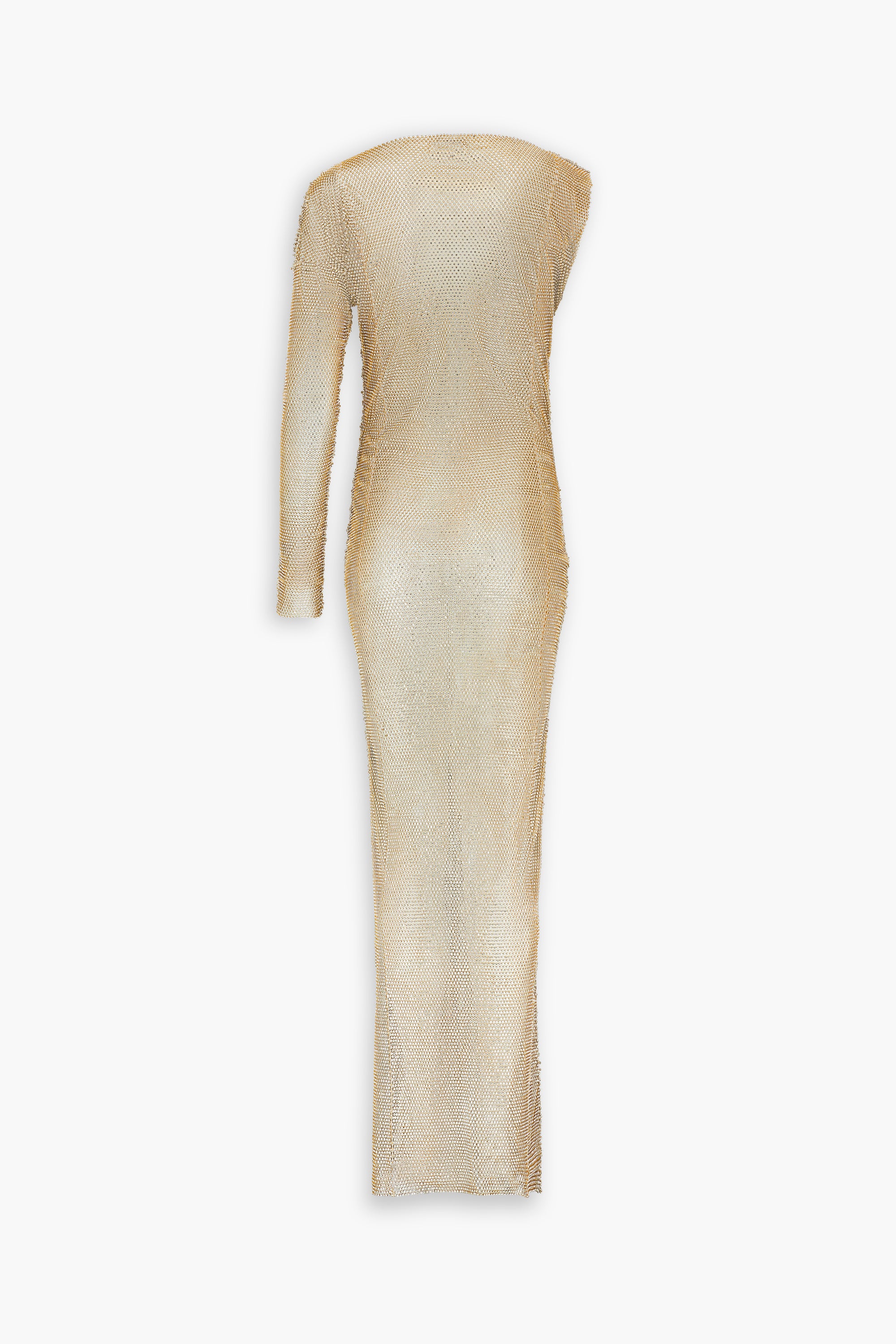 Crystal Embellished Fishnet Asymmetrical Dress in Gold