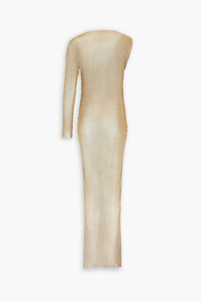Crystal Embellished Fishnet Asymmetrical Dress in Gold