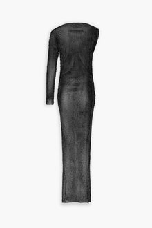 Crystal Embellished Fishnet Asymmetrical Dress in Black