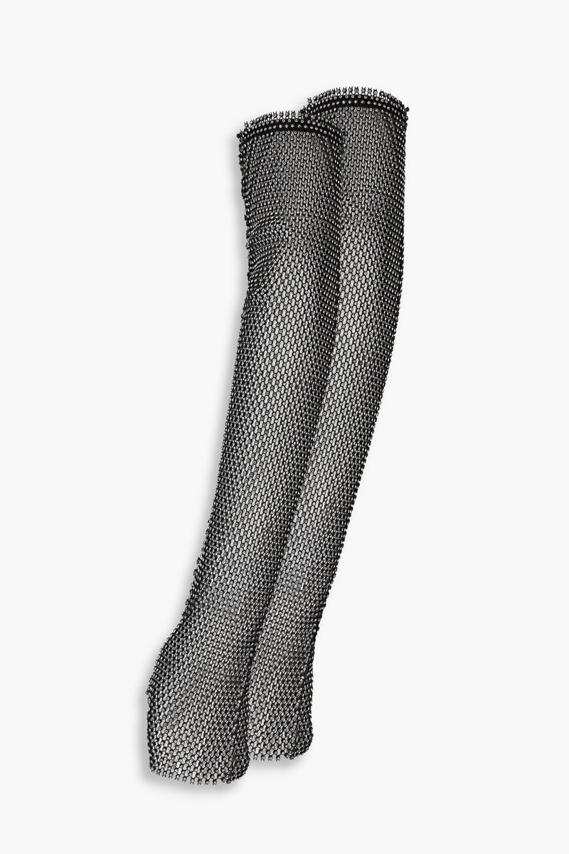Crystal Embellished Fishnet Gloves in Black