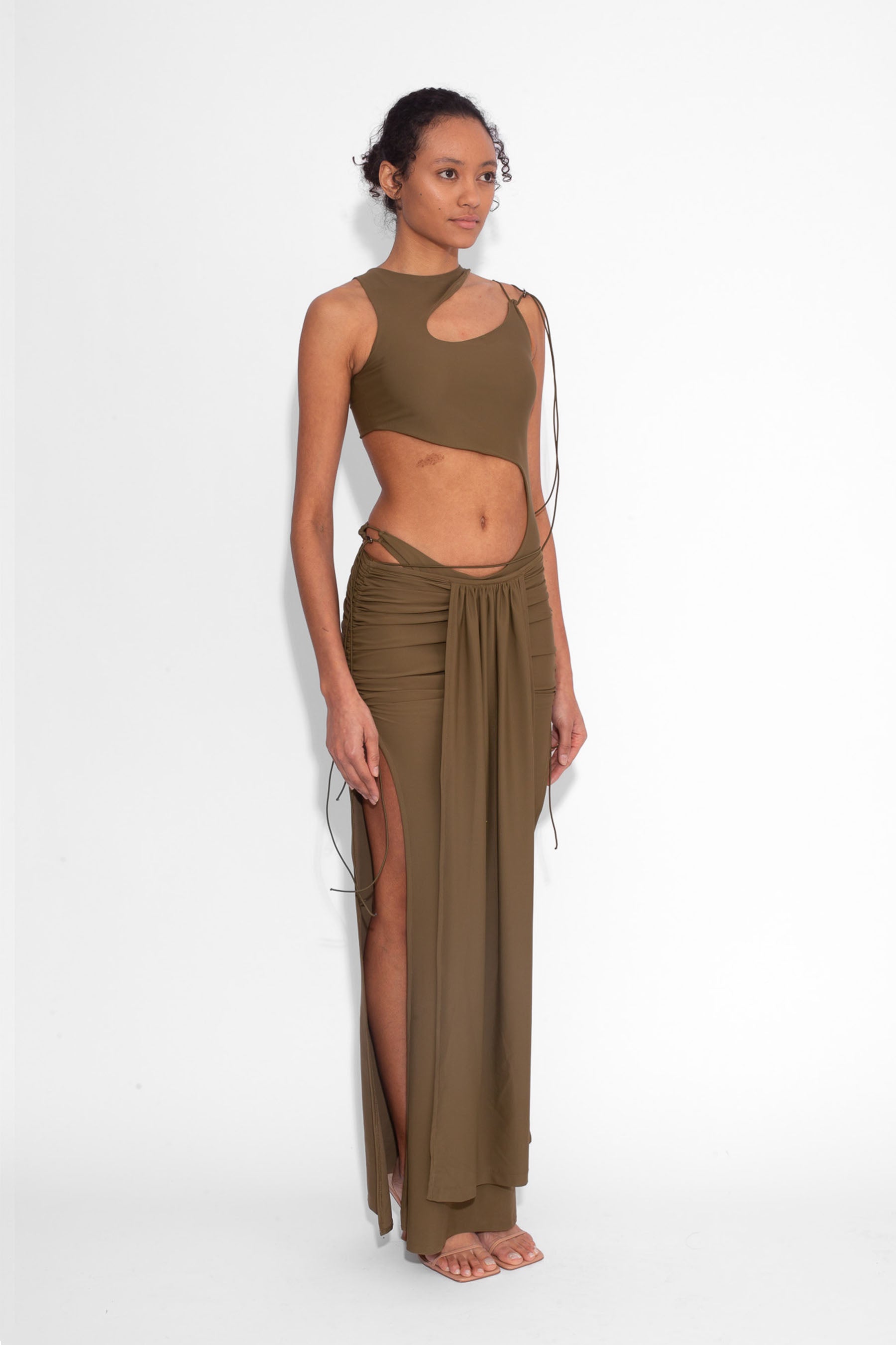 Front Draped Stretch Skirt in Khaki