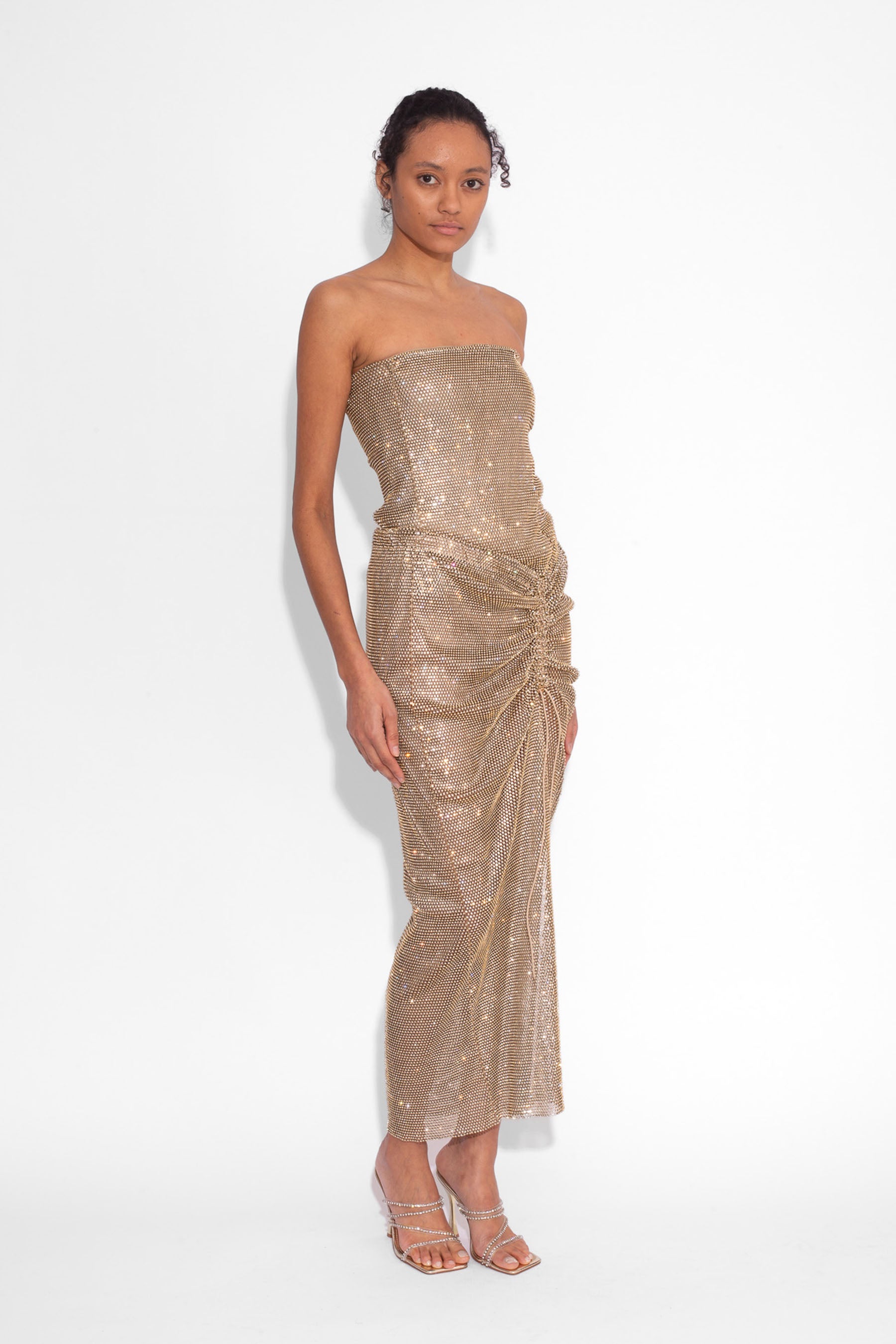 Crystal Embellished Fishnet Strapless Top in Gold