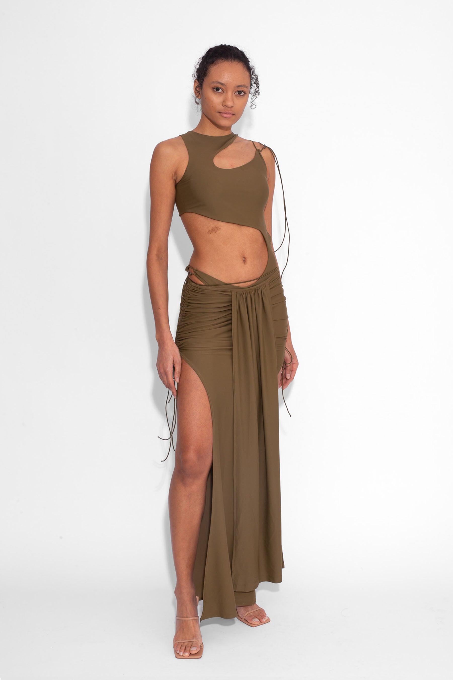 Front Draped Stretch Skirt in Khaki