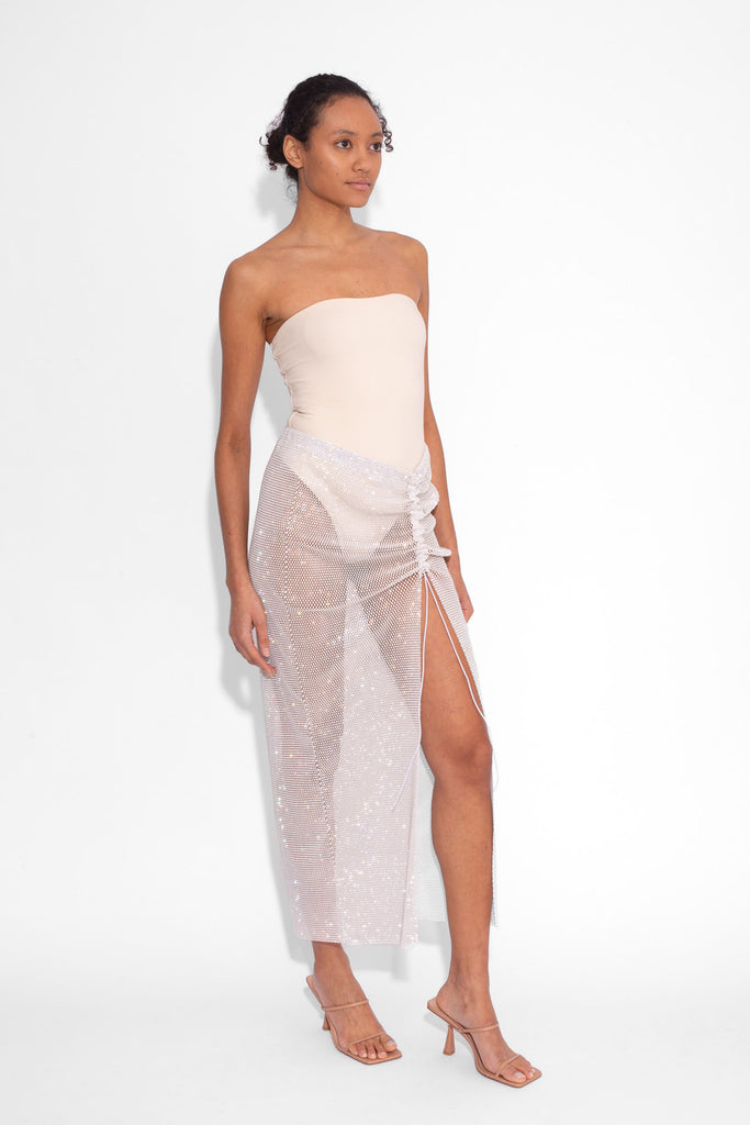 Crystal Embellished Fishnet Maxi Skirt in White