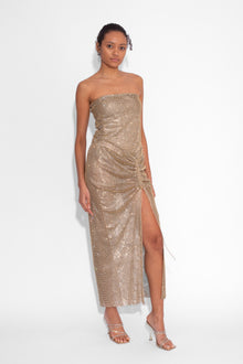 Crystal Embellished Fishnet Strapless Top in Gold