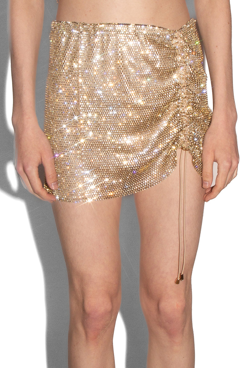 Crystal Embellished Fishnet Mini Skirt in Gold