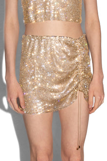 Crystal Embellished Fishnet Mini Skirt in Gold