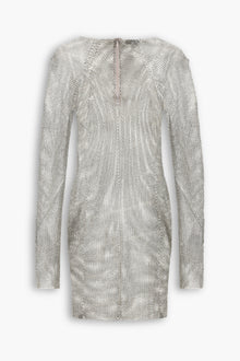 Crystal Embellished Fishnet Mini Dress in Silver