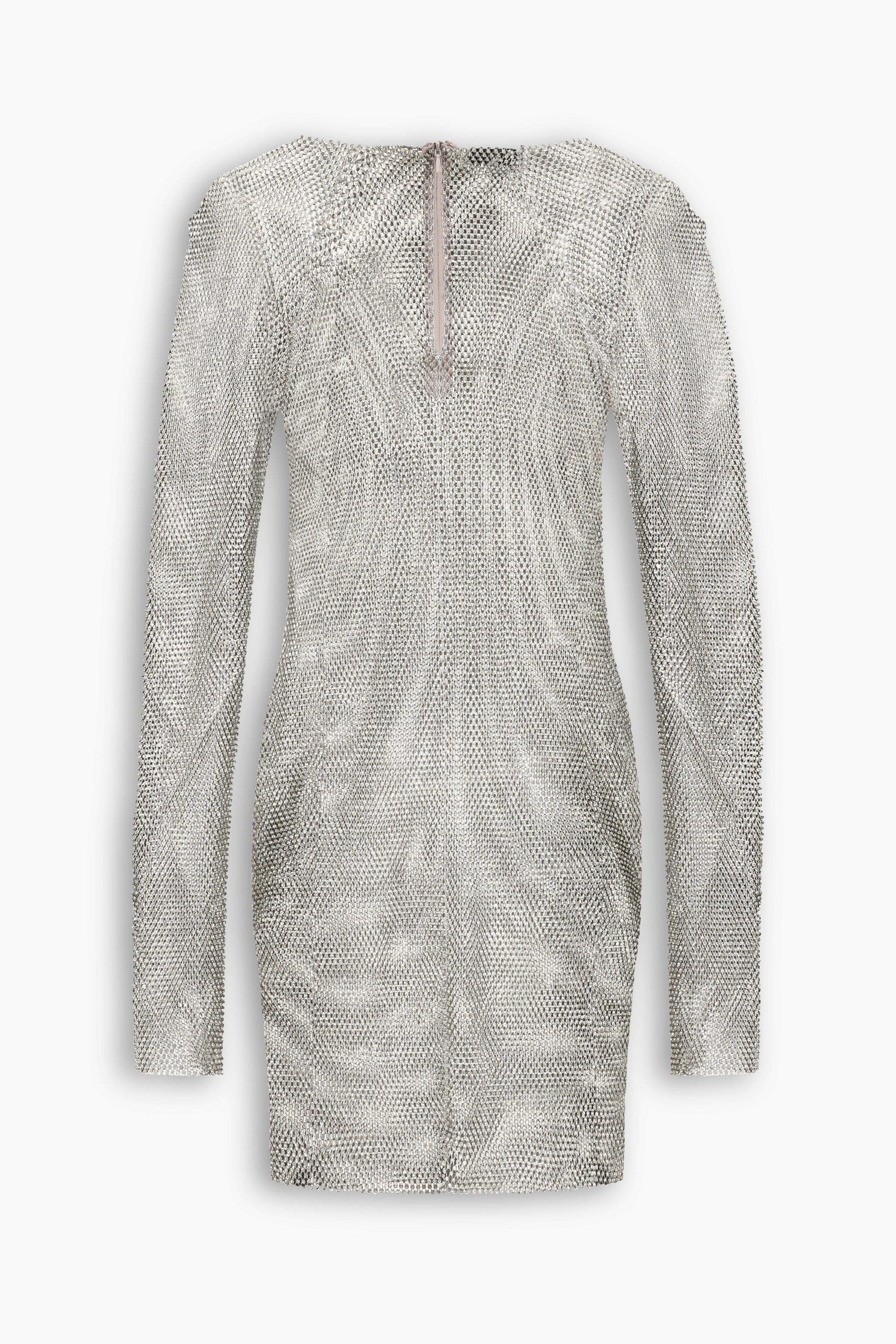 Crystal Embellished Fishnet Mini Dress in Silver
