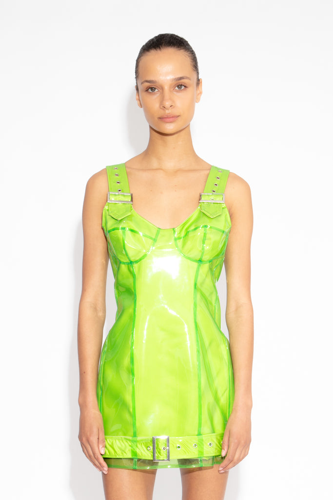 PVC Buckle Mini Dress in Acid Green