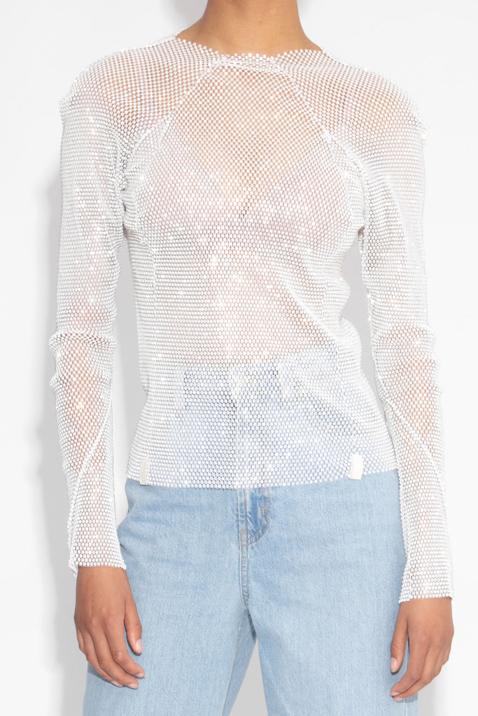 Crystal Embellished Fishnet Long Sleeved Top in White