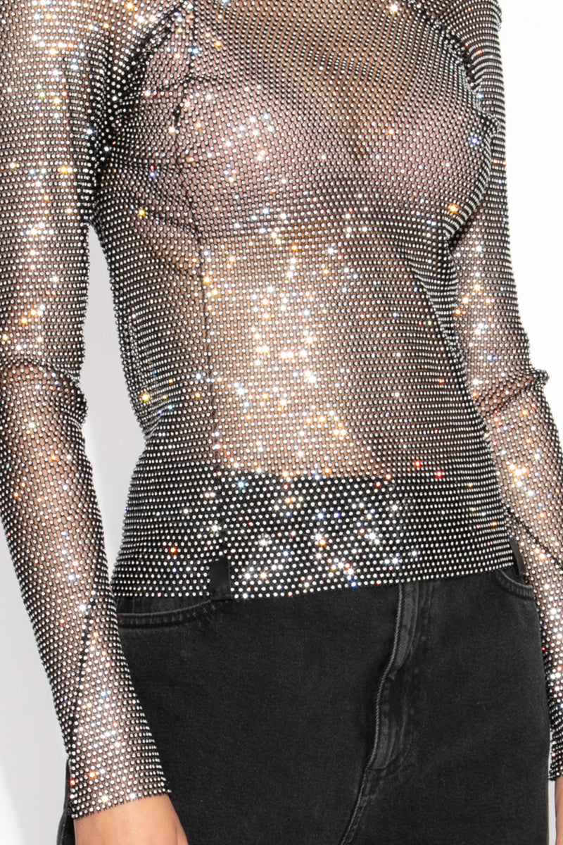 Crystal Embellished Fishnet Top in Black
