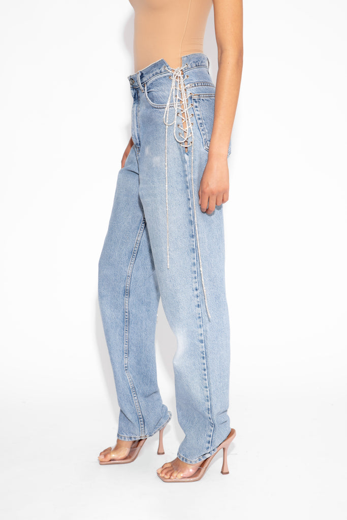 Vintage Crystal Lace Up Jeans