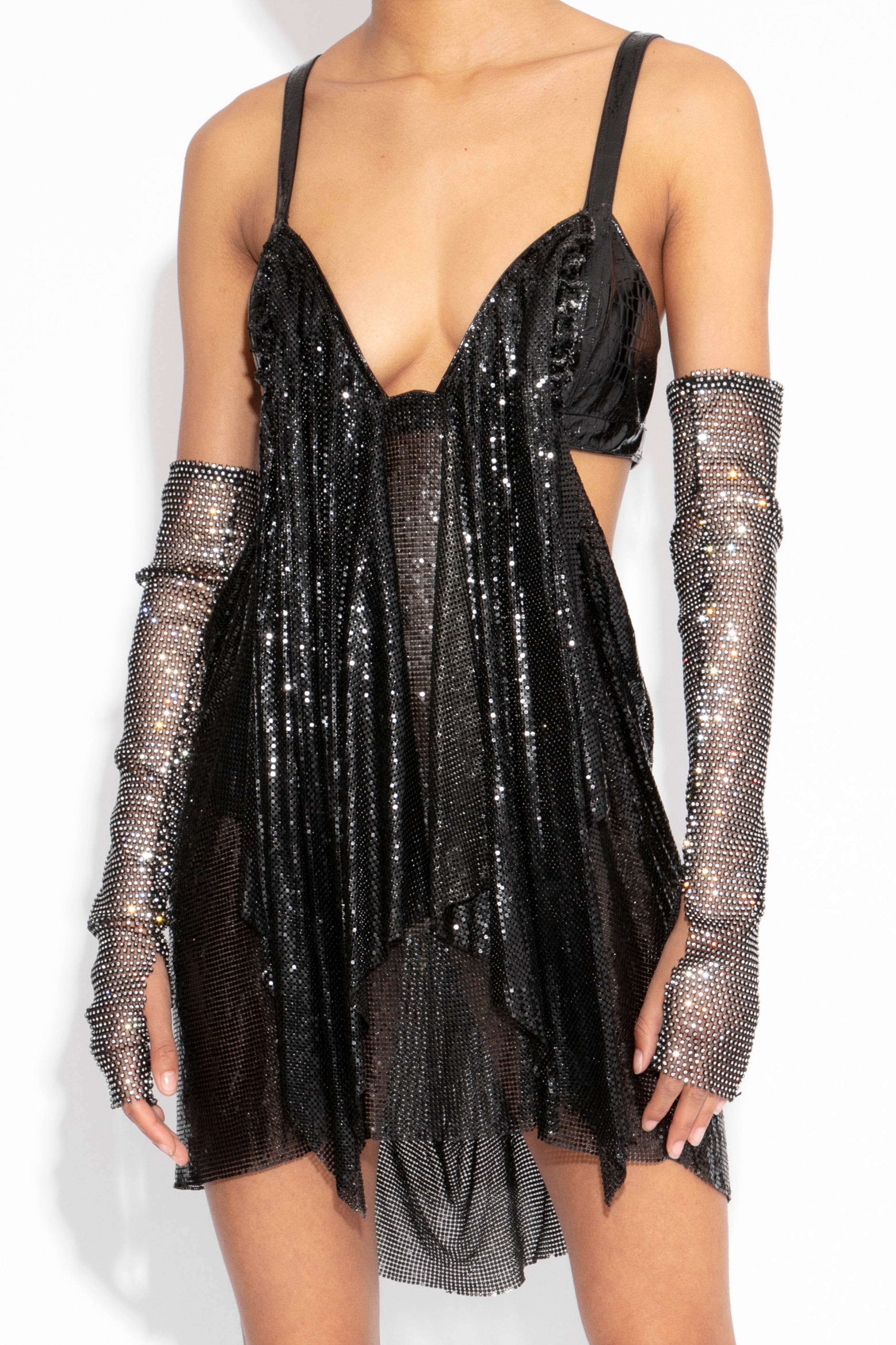 Front Draped Chainmail Dress in Black