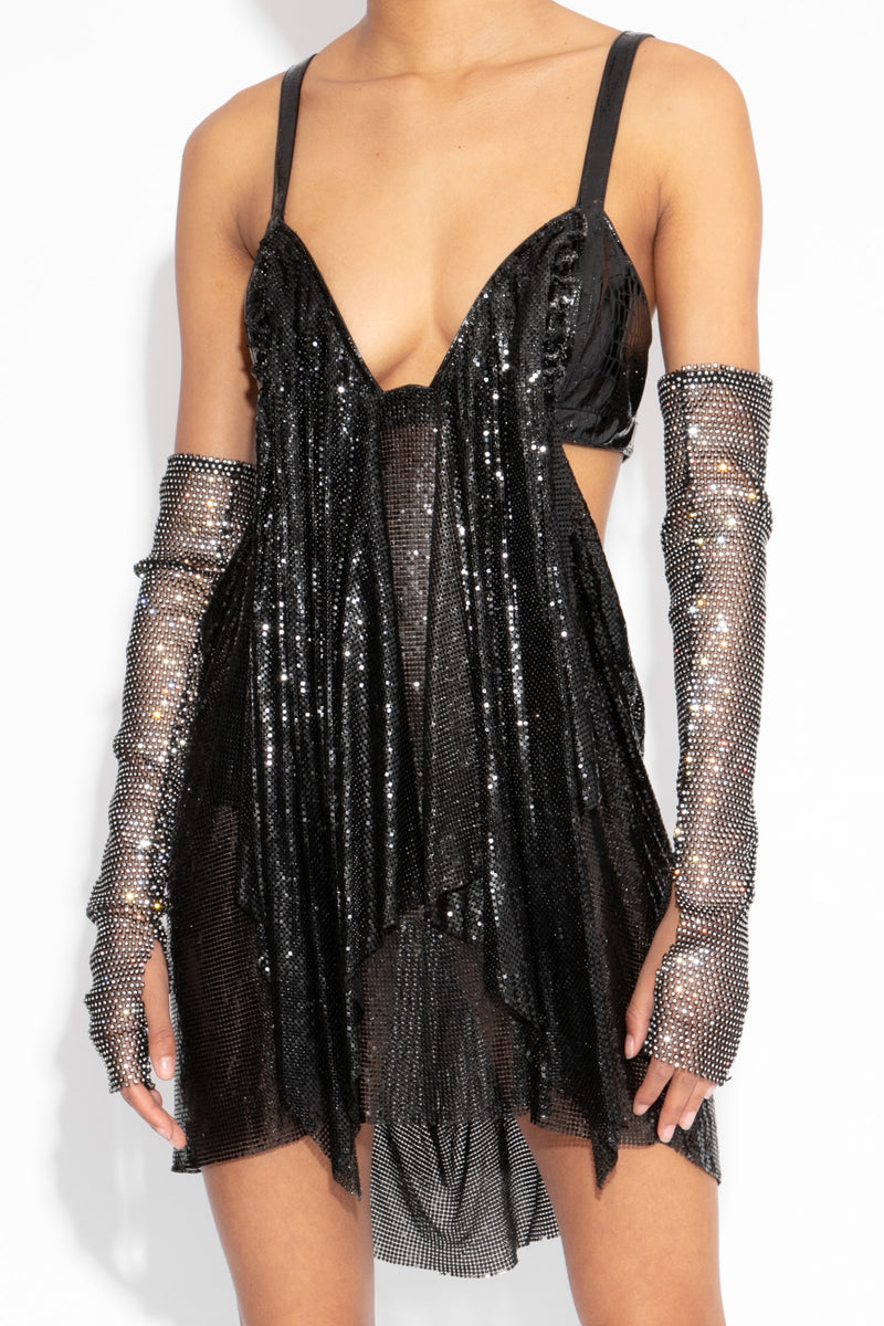Front Draped Chainmail Dress in Black