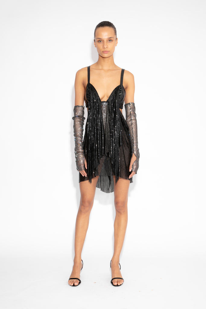Front Draped Chainmail Dress in Black