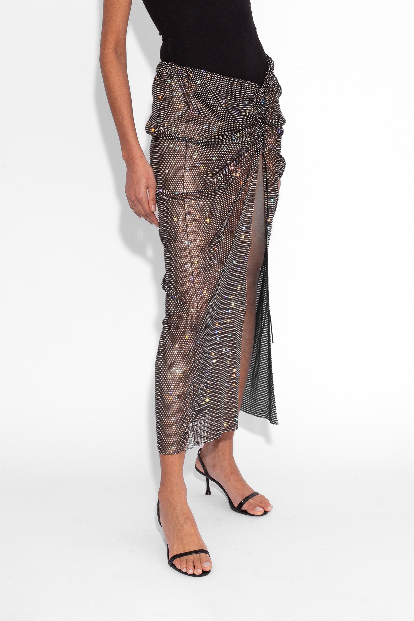 Crystal Embellished Fishnet Maxi Skirt in Black