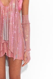 Crystal Embellished Fishnet Gloves in Pink