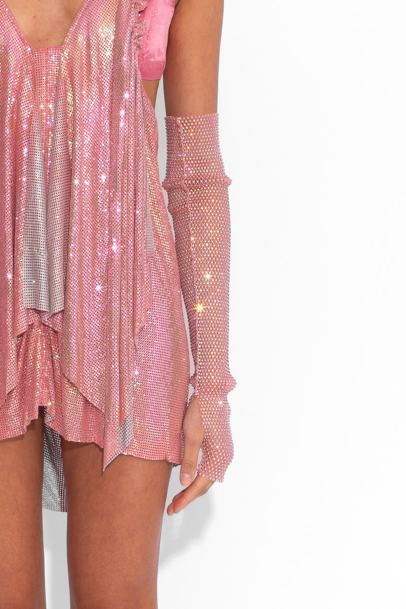 Crystal Embellished Fishnet Gloves in Pink