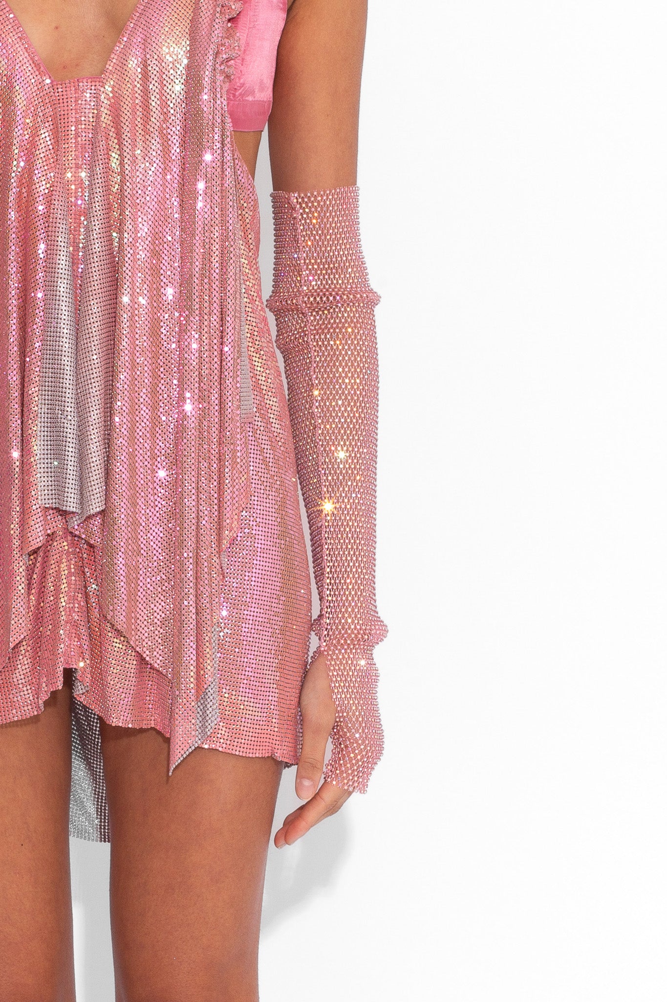 Crystal Embellished Fishnet Gloves in Pink