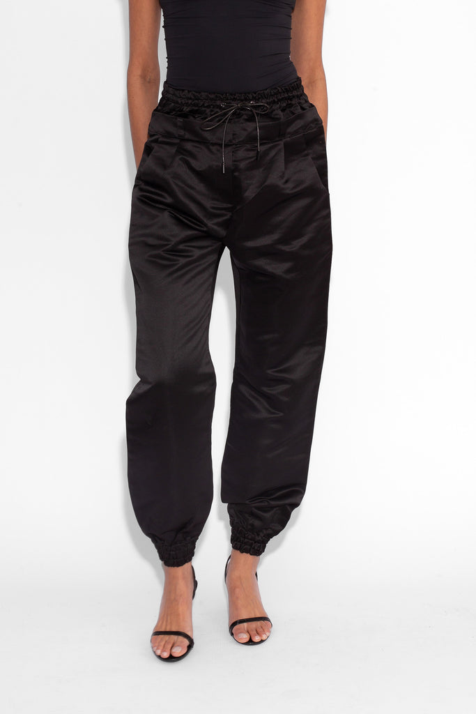 Double Waisted Satin Trousers in Black