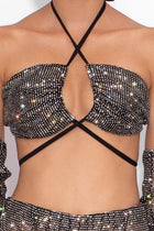 Crystal Embellished Fishnet Cross Bikini Top in Black