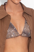 Crystal Embellished Fishnet Bikini Top in Snakeskin