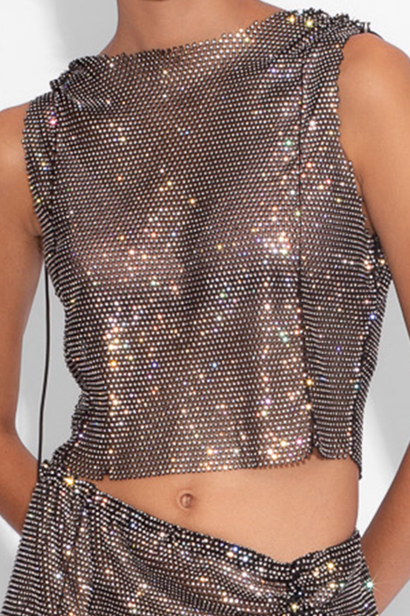 Crystal Embellished Fishnet Tank Top in Black