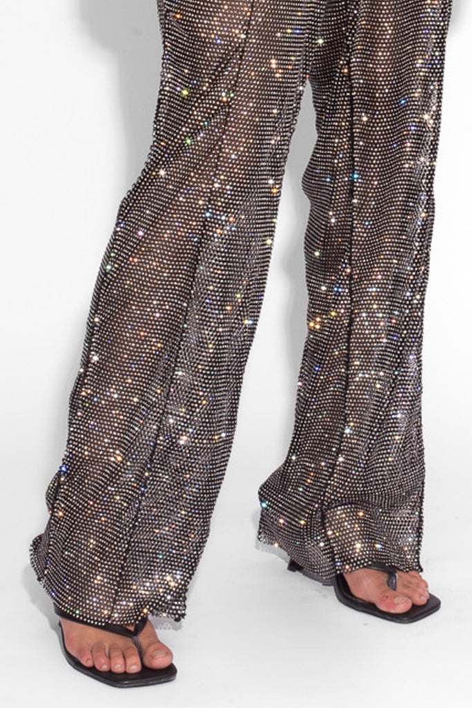 Crystal Embellished Fishnet Trousers in Black