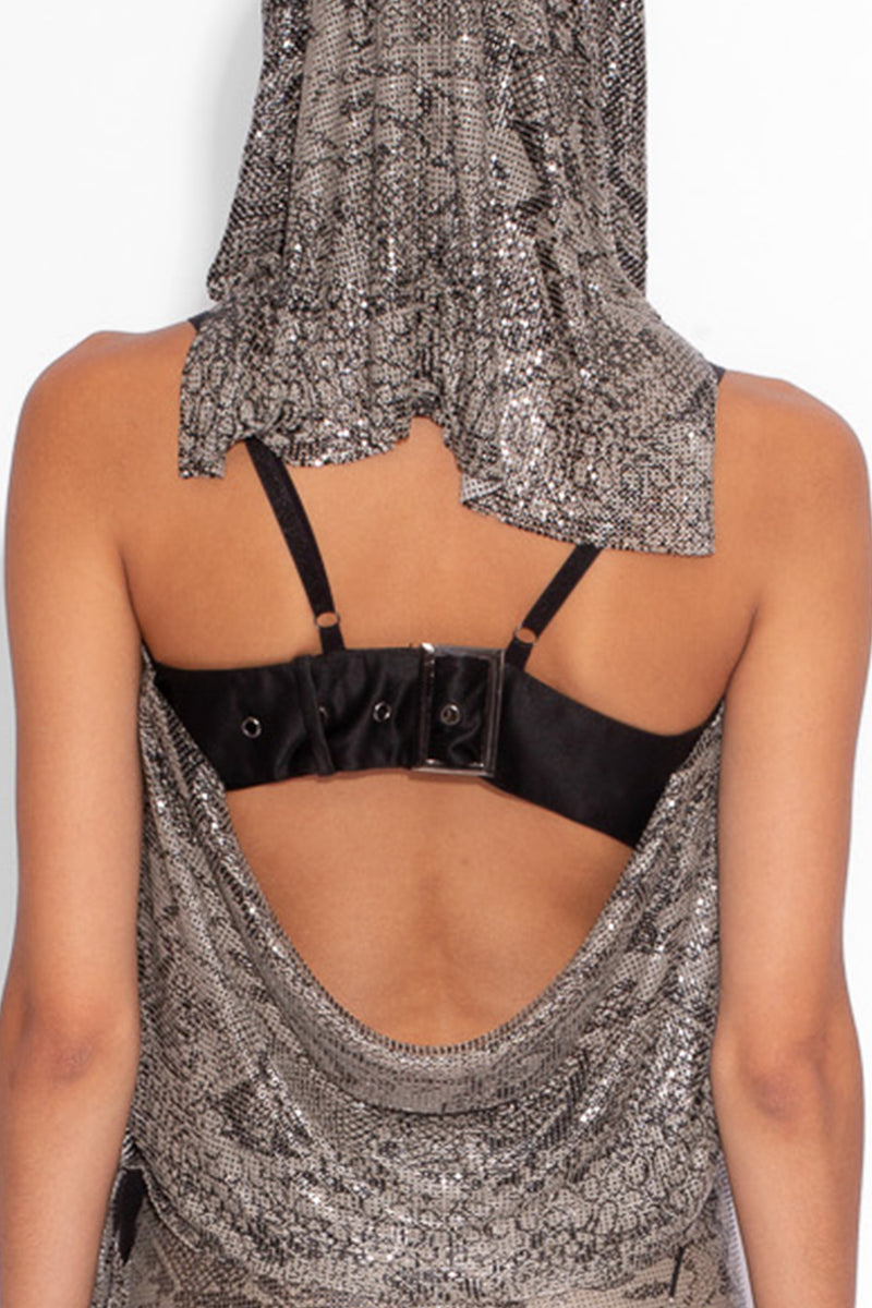 Buckle Bandeau Chainmail Top in Grey Snakeskin