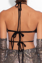 Crystal Embellished Fishnet Cross Bikini Top in Black